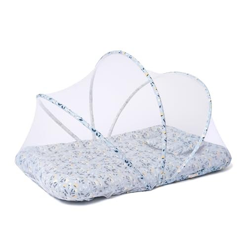 TIDY SLEEP Mattress with Mosquito Net, Mosquito Protection Mattress, Size: 90cm x 65cm x 10cm Green Flower - Image 1