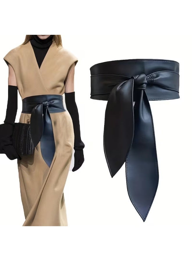 Goolsky Elegant Vintage-Inspired Black Bowknot Belt - Sleek Design Dual-Tie Waist Accessory for Casual, Party & Mature Outfits, Ties, Belts, & Accessories - Image 1