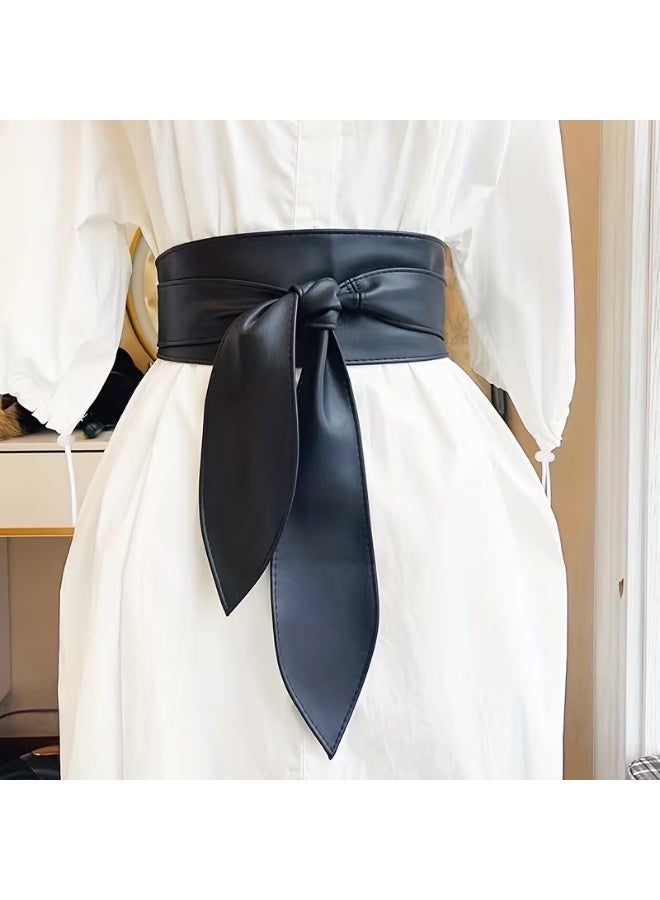 Goolsky Elegant Vintage-Inspired Black Bowknot Belt - Sleek Design Dual-Tie Waist Accessory for Casual, Party & Mature Outfits, Ties, Belts, & Accessories - Image 2