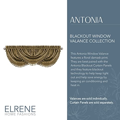 Elrene Home Fashions Antonia Floral Damask Waterfall Window Valance with Tassels, 52"x36", Antique Gold - Image 2