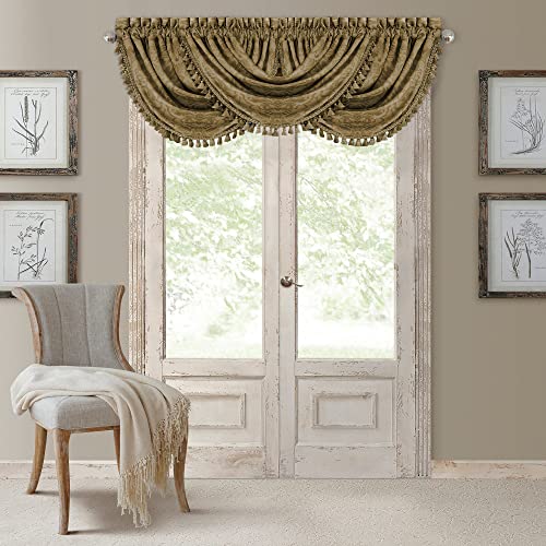 Elrene Home Fashions Antonia Floral Damask Waterfall Window Valance with Tassels, 52"x36", Antique Gold - Image 1