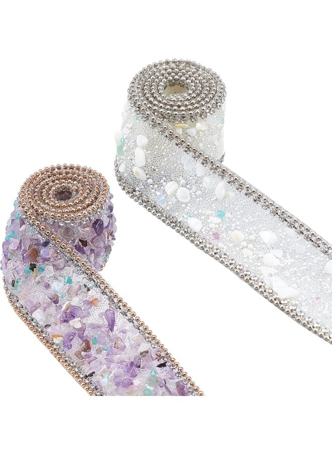 2 Colors Rhinestone Trim 39.3 Inch Long Crystal Rhinestone Ribbon Roll Bridal Crystal Sash Iron on Diamond Sparkling Ribbons for DIY Wedding Belt Dress Bag Shoes Decoration, 1.37inch Wide  - Image 1
