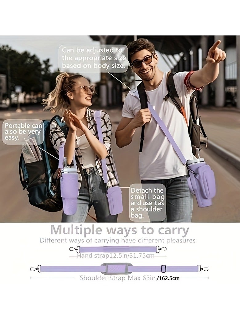 2 in 1 Water Bottle Holder with Pouch Pocket for Stanley 40 oz Tumbler, Water Bottle Carrier Bag for Stanley Cup Accessories, Water Bottle Sling Bag with Large Pouch  Strap for Phone, Cards, Key,3D  - Image 3