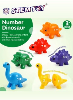 STEMTOY 10 Pcs Dinosaur Number Matching, Spelling, and Counting Toy Set with 9 Colors, 1-10 Numbers, and Matching English Spellings - Matching Games, Easy Math Calculations & Demonstrations, Toddler Color Cognition, Sensory Training, STEM/ STEAM Montessori Preschool Educational Learning Activity Toys & Gifts for Kids Ages 3-6, Boys & Girls  - Image 2
