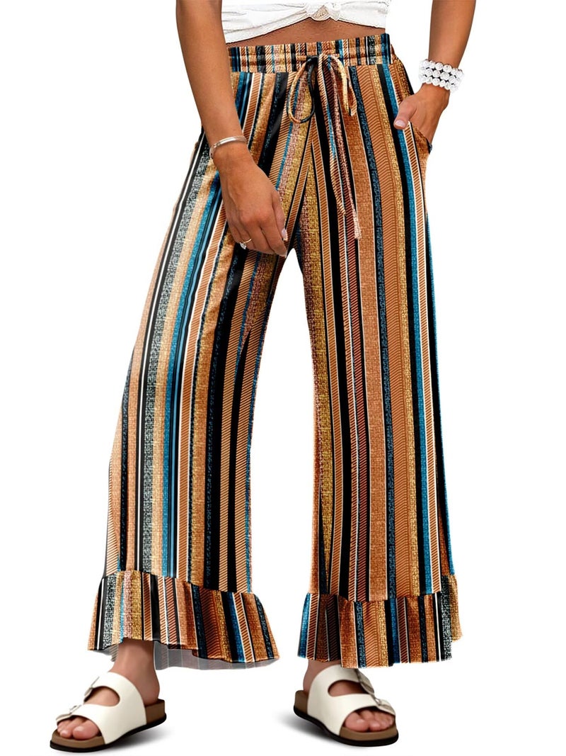 KISSMODA Women's Comfy Drawstring Palazzo Pants with Pockets Hight Waisted Wide Leg Lounge Beach Pants Brown Stripe 3XL - Image 1