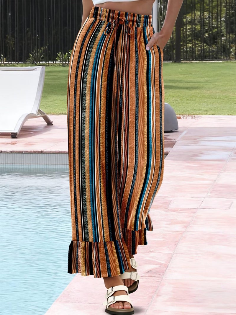 KISSMODA Women's Comfy Drawstring Palazzo Pants with Pockets Hight Waisted Wide Leg Lounge Beach Pants Brown Stripe 3XL - Image 5