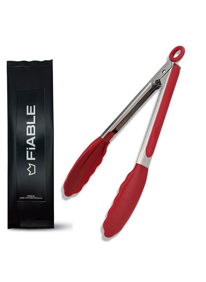 FIABLE FiABLE Premium Steel and Silicone Food Tongs for Kitchen, Air Fryer, Barbeque and Serving - 10 inch - 1 Year Warranty - 230°C Heat-Resistant - Red Tongs - Image 1