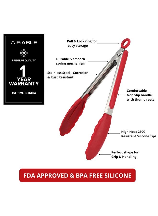 FIABLE FiABLE Premium Steel and Silicone Food Tongs for Kitchen, Air Fryer, Barbeque and Serving - 10 inch - 1 Year Warranty - 230°C Heat-Resistant - Red Tongs - Image 4