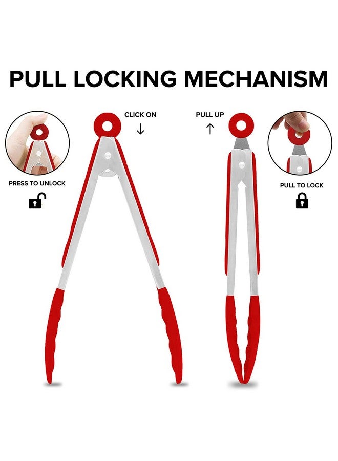 FIABLE FiABLE Premium Steel and Silicone Food Tongs for Kitchen, Air Fryer, Barbeque and Serving - 10 inch - 1 Year Warranty - 230°C Heat-Resistant - Red Tongs - Image 5