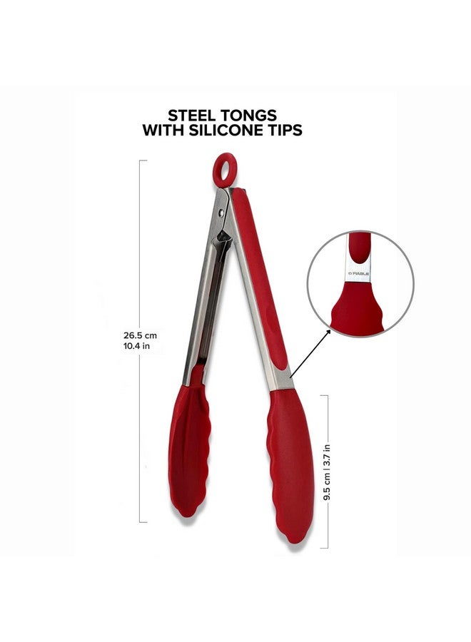 FIABLE FiABLE Premium Steel and Silicone Food Tongs for Kitchen, Air Fryer, Barbeque and Serving - 10 inch - 1 Year Warranty - 230°C Heat-Resistant - Red Tongs - Image 2