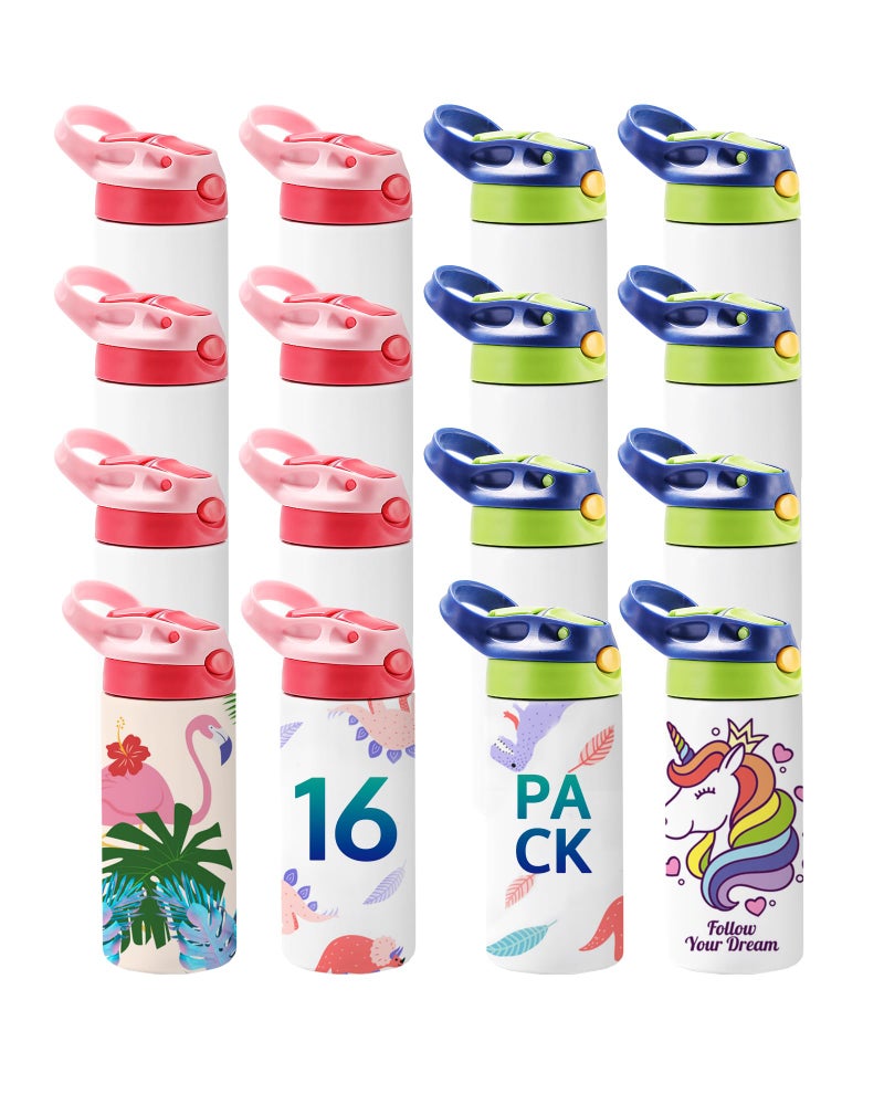 OFFNOVA Kids Sublimation Tumbler  16Pack 12oz Kids Sublimation Water Bottle Blank with Handle  Children Sublimation tumblers Cups for Milk  Soda  Juice  Drinks  16 Pack Blue&Pink - Image 1