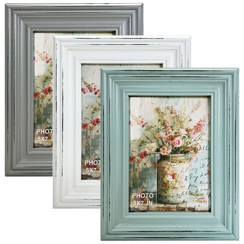 EXQUIDECA Vintage 5x7 Inches Wooden Picture Frame Pack of 3 Farmhouse Aqua Grey White - Rustic Thick Wood High Definition Glass Photo Frame Outside 7.9x9.9 Inches - 2 Ways Display Tabletop or Wall Mounted - Image 1