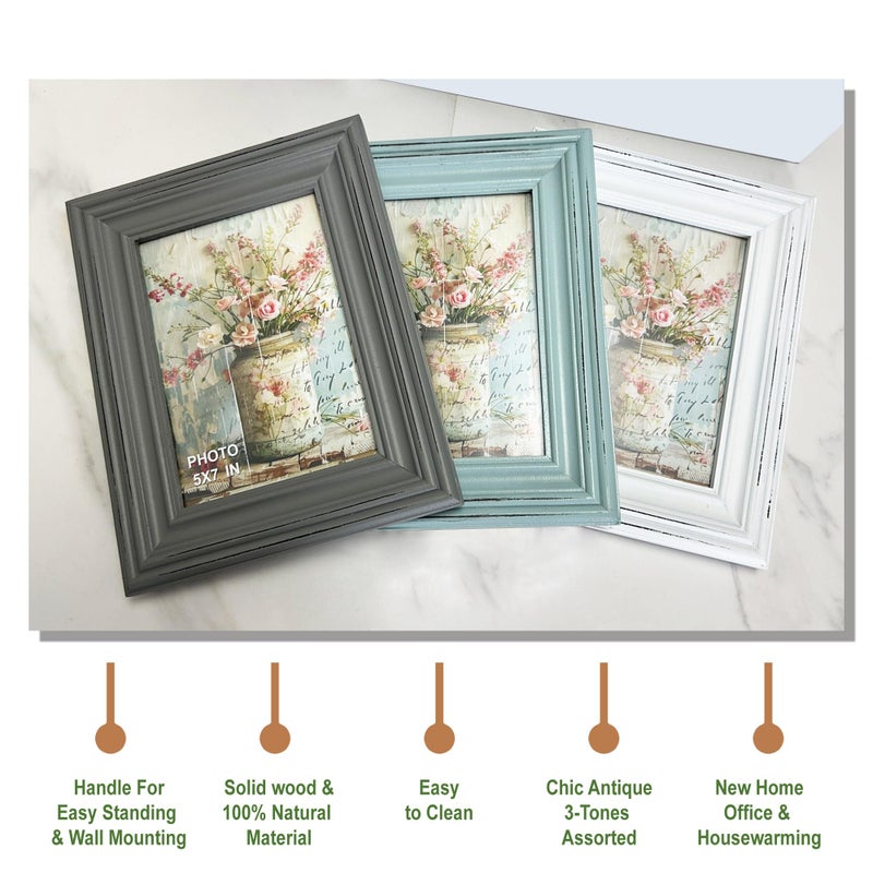 EXQUIDECA Vintage 5x7 Inches Wooden Picture Frame Pack of 3 Farmhouse Aqua Grey White - Rustic Thick Wood High Definition Glass Photo Frame Outside 7.9x9.9 Inches - 2 Ways Display Tabletop or Wall Mounted - Image 2
