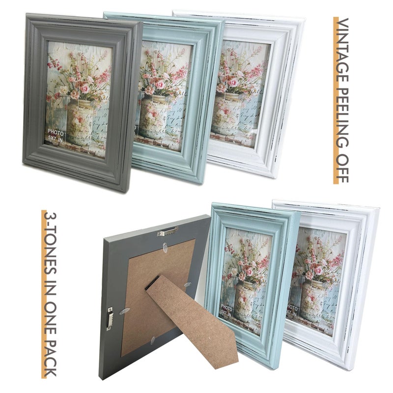 EXQUIDECA Vintage 5x7 Inches Wooden Picture Frame Pack of 3 Farmhouse Aqua Grey White - Rustic Thick Wood High Definition Glass Photo Frame Outside 7.9x9.9 Inches - 2 Ways Display Tabletop or Wall Mounted - Image 5