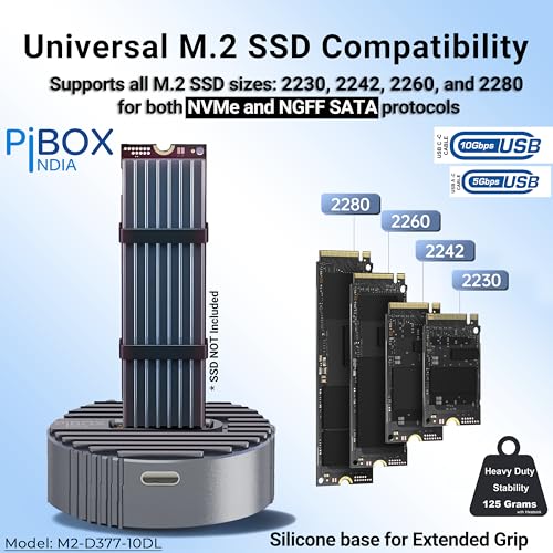 pibox India M.2 NVMe NGFF SSD Docking Station - PiBOX India Dual Protocol NVMe SATA Dock USB 3.0 10Gbps, Heavy Aluminum M.2 SSD Dock with Heat Dissipation, Tool-Free M Key B&M Key 2230/2242/2260/2280 RTL9210B - Image 4
