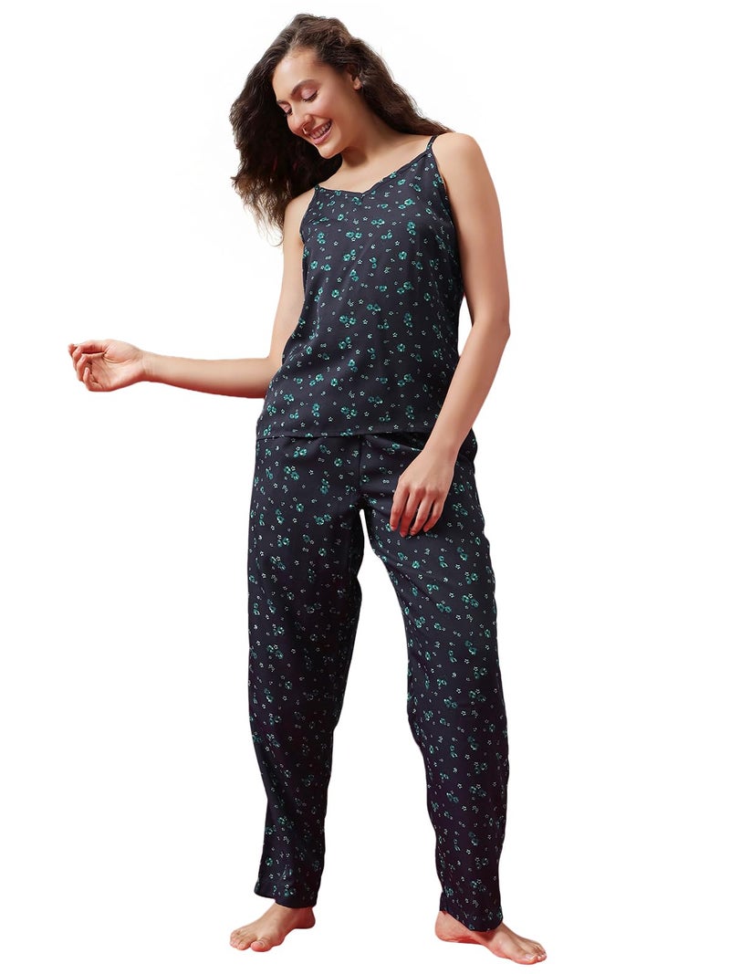 Clovia Women's Rayon Print Me Pretty Cami Top & Pyjama Set (LS0513D08_Blue_XL) - Image 1