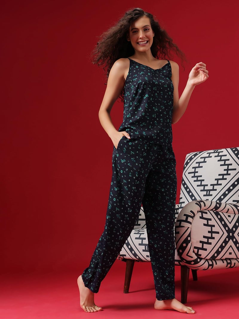 Clovia Women's Rayon Print Me Pretty Cami Top & Pyjama Set (LS0513D08_Blue_XL) - Image 2