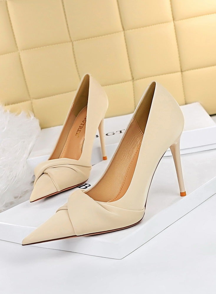 BIGTREE Women's Elegant Bowknot Stiletto Pumps 10 cm Elegant Gorgeous Closed Pointed Toe Slip On Solid High Heels Beige - Image 1