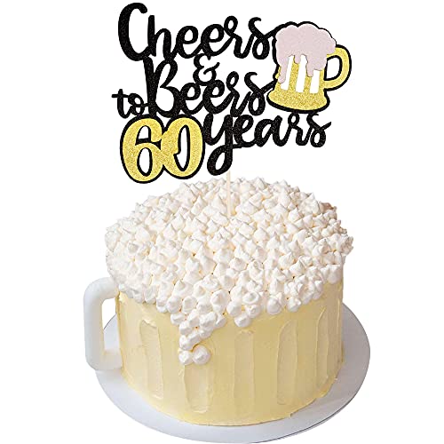 Festiko®1 PCS Cheers & Beers to 60 Years Cake Topper Assembled Black Glitter 60th Birthday Cake Pick Decorations for Celebrating 60th Anniversary Wedding Birthday Party Supplies - Image 1