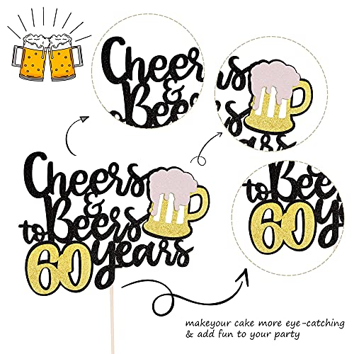 Festiko®1 PCS Cheers & Beers to 60 Years Cake Topper Assembled Black Glitter 60th Birthday Cake Pick Decorations for Celebrating 60th Anniversary Wedding Birthday Party Supplies - Image 3