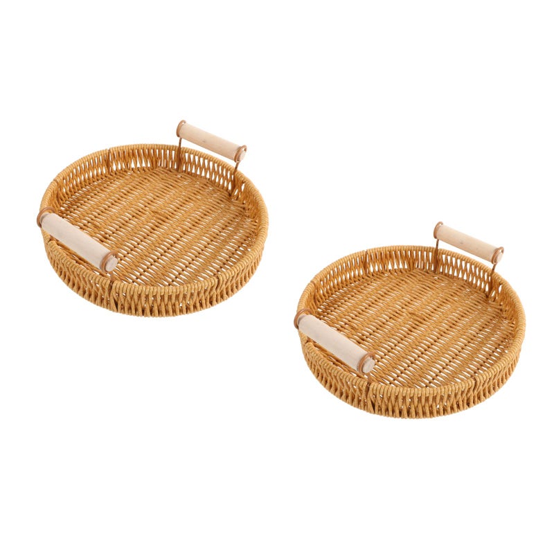 2pcs Round Rattan Food Tray Handmade Wicker Fruit Basket Key Bowl Serving With Handles For Bread Tea And Coffee Table - Image 1