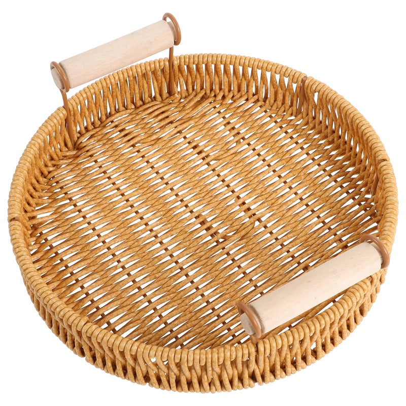 2pcs Round Rattan Food Tray Handmade Wicker Fruit Basket Key Bowl Serving With Handles For Bread Tea And Coffee Table - Image 3
