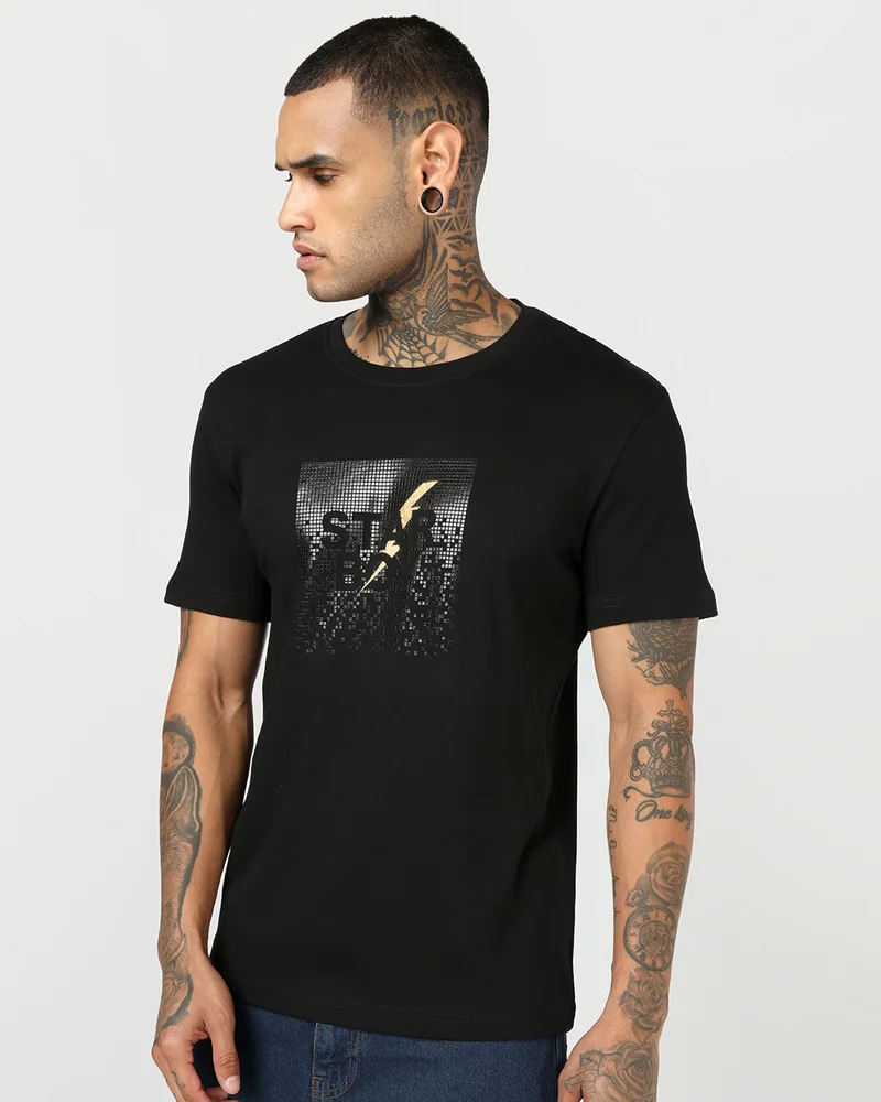 Men's Jet Black Star Boy Foil Printed T-shirt