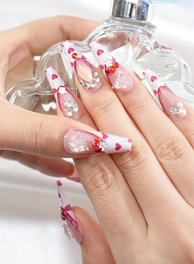 24 قطعة لاصقات فن الأظافر المضغوطة على الأظافر، مع أدوات فن الأظافر، ونمط طبعة القلب الأحمر، وفراشة لؤلؤية ثلاثية الأبعاد مع الماس، وأظافر طويلة شبه منحرف، وأطراف أصابع نحيفة، ونماذج مواعدة يومية متعددة الاستخدامات، ولاصقات مريحة، وسهلة الإزالة دون إصابة الظفر، والصحة والسلامة! - Image 1