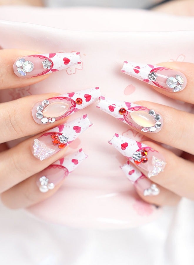 24 قطعة لاصقات فن الأظافر المضغوطة على الأظافر، مع أدوات فن الأظافر، ونمط طبعة القلب الأحمر، وفراشة لؤلؤية ثلاثية الأبعاد مع الماس، وأظافر طويلة شبه منحرف، وأطراف أصابع نحيفة، ونماذج مواعدة يومية متعددة الاستخدامات، ولاصقات مريحة، وسهلة الإزالة دون إصابة الظفر، والصحة والسلامة! - Image 4