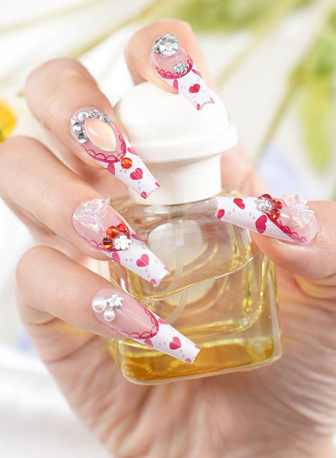 24 قطعة لاصقات فن الأظافر المضغوطة على الأظافر، مع أدوات فن الأظافر، ونمط طبعة القلب الأحمر، وفراشة لؤلؤية ثلاثية الأبعاد مع الماس، وأظافر طويلة شبه منحرف، وأطراف أصابع نحيفة، ونماذج مواعدة يومية متعددة الاستخدامات، ولاصقات مريحة، وسهلة الإزالة دون إصابة الظفر، والصحة والسلامة! - Image 2