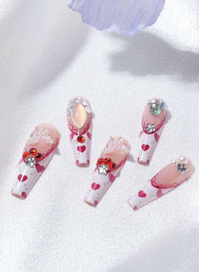 24 قطعة لاصقات فن الأظافر المضغوطة على الأظافر، مع أدوات فن الأظافر، ونمط طبعة القلب الأحمر، وفراشة لؤلؤية ثلاثية الأبعاد مع الماس، وأظافر طويلة شبه منحرف، وأطراف أصابع نحيفة، ونماذج مواعدة يومية متعددة الاستخدامات، ولاصقات مريحة، وسهلة الإزالة دون إصابة الظفر، والصحة والسلامة! - Image 5