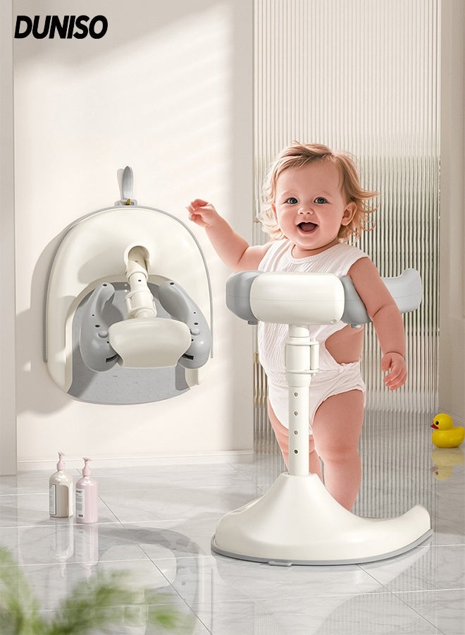 DUNISO دعم وقوف للاستحمام للأطفال، حامل استحمام للأطفال قابل للتعديل وقابل للطي مع حاجز أمان وقاعدة مضادة للانزلاق، سهل التنظيف ومحمول، للاستخدام في المنزل/السفر - Image 1