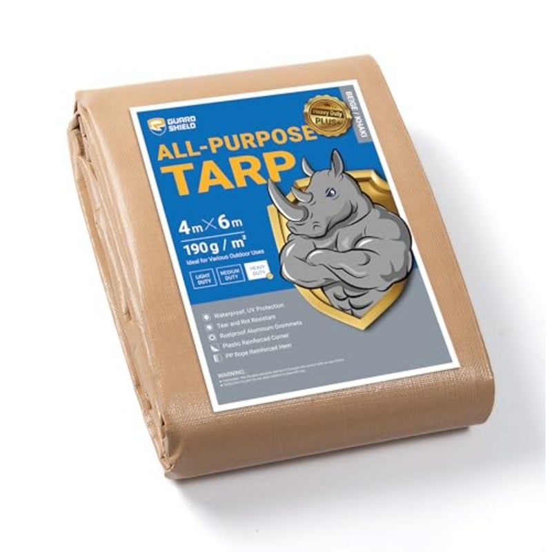 GUARD SHIELD Heavy Duty Tarpaulin Sheet 4x6m Beige/Khaki Tarp Multi Purpose UV Resistant Waterproof Ground Cover 195g/m² - Image 1
