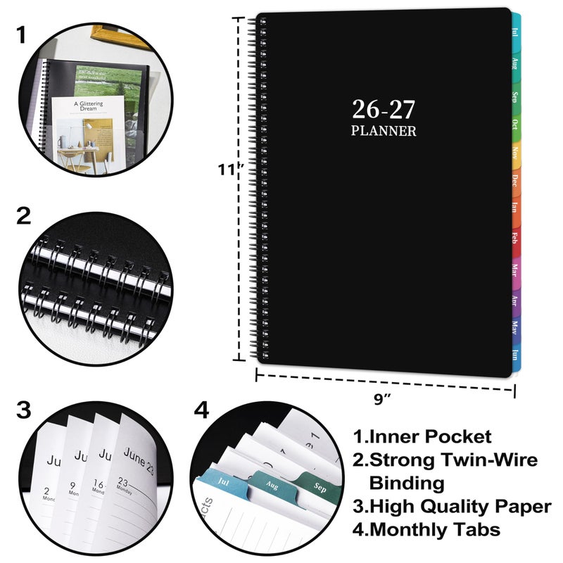 Vondafe Planner 2026-2027 - Academic Planner 2026-2027, July 2026 - June 2027, 9" x 11", 26-27 Planner Weekly and Monthly, 26-27 Calendar Planners with Colorful Tabs, Pocket - Black - Image 3
