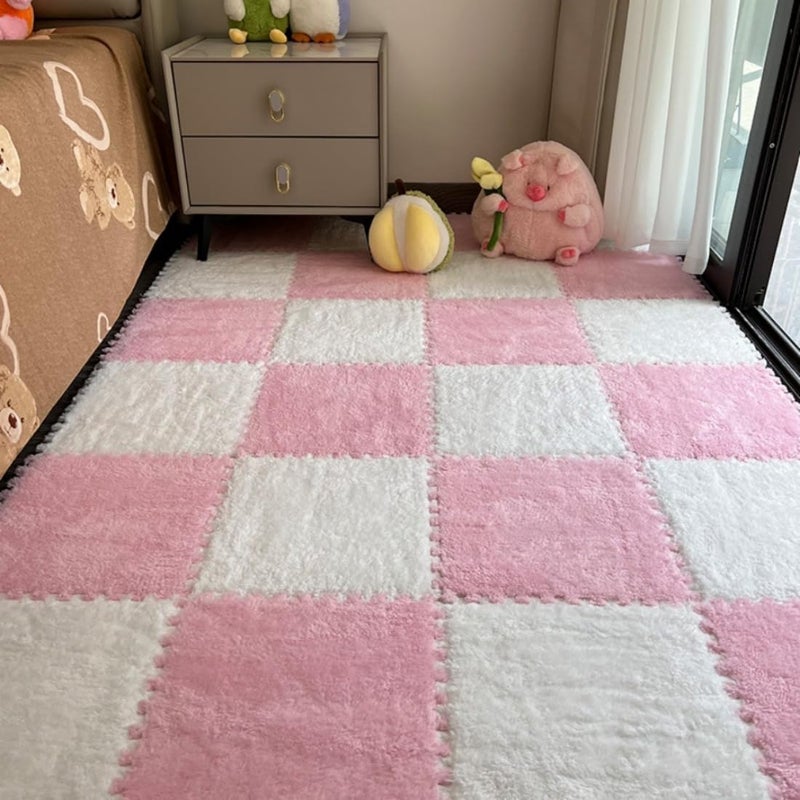 YISLEND 12Pcs Interlocking Carpet Tiles,12"x 12" Plush Interlocking Foam Carpet Tiles with Border,Fluffy Play Mat Floor Tiles Thick Padded Squares Foam Tiles for Playroom Decor (White+Pink) - Image 1