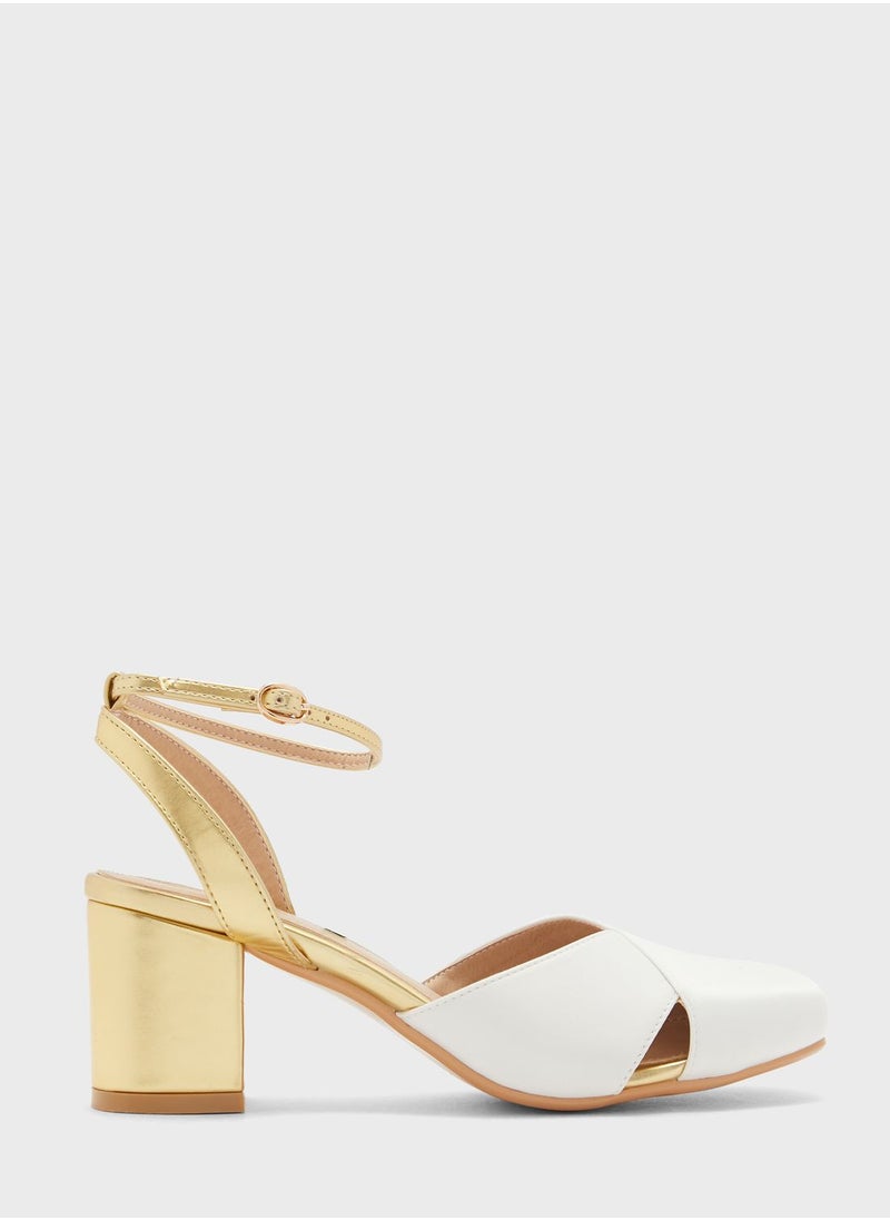 Satin Woven Block Heel Pump