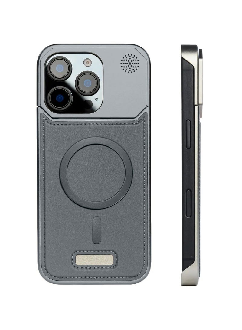 Wtech Apple iPhone 16 Pro 5G 2024 Metal Frameless Case Metallic Vegan Leather Magsafe Support Hard With Speaker Case Cover (MCMPMN) - Grey - Image 2