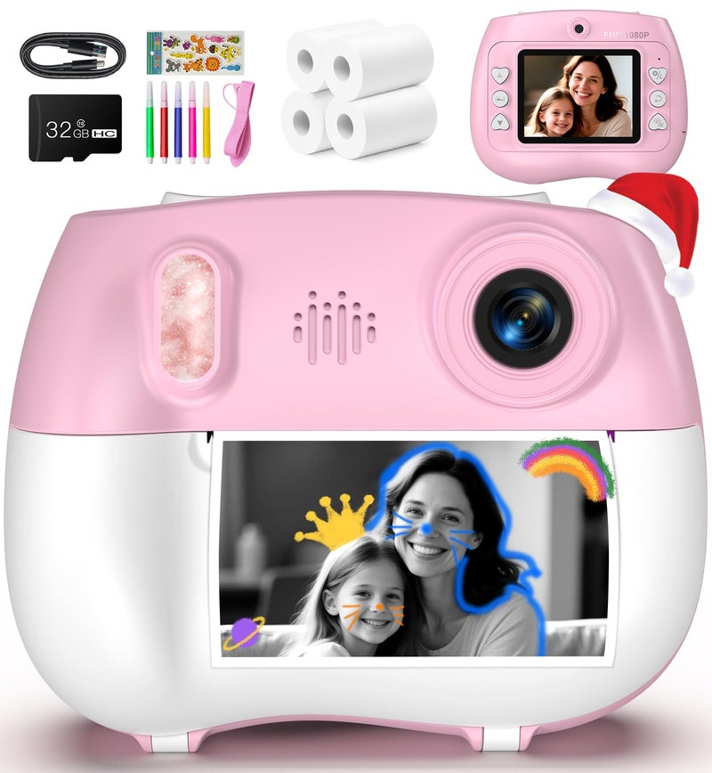 Yakry Kids Instant Print Camera for Girls Ages 310 Front Rear Dual Lens Selfie Camera with Instant Photo Printing 1080P Video 24 Screen 16X Zoom 32GB Card 4 Paper Rolls Pink - Image 2