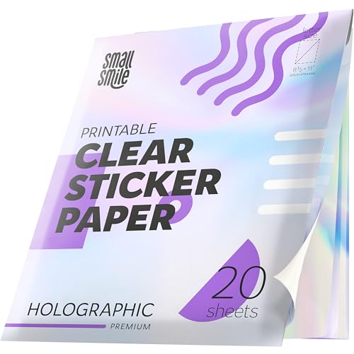 SMALL SMILE Clear Holographic Sticker Paper for Inkjet Printer and Laser – 20 Sheets, 8.5x11 Printable Vinyl Clear Sticker Paper, Waterproof Transparent Labels for DIY Stickers & Decals - Image 1