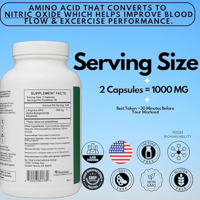 PRISTINE'S L Arginine Supplements for Men & Women - 1000mg Capsules 90 Day Supply Nitric Oxide & Pre Workout Amino Acid Support - Image 4