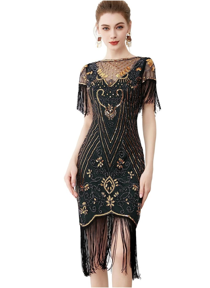 SYOSI - Women's Flapper Dresses 1920s V Neck Beaded Fringed Great Gatsby Dress, Blackgold/M - Image 1