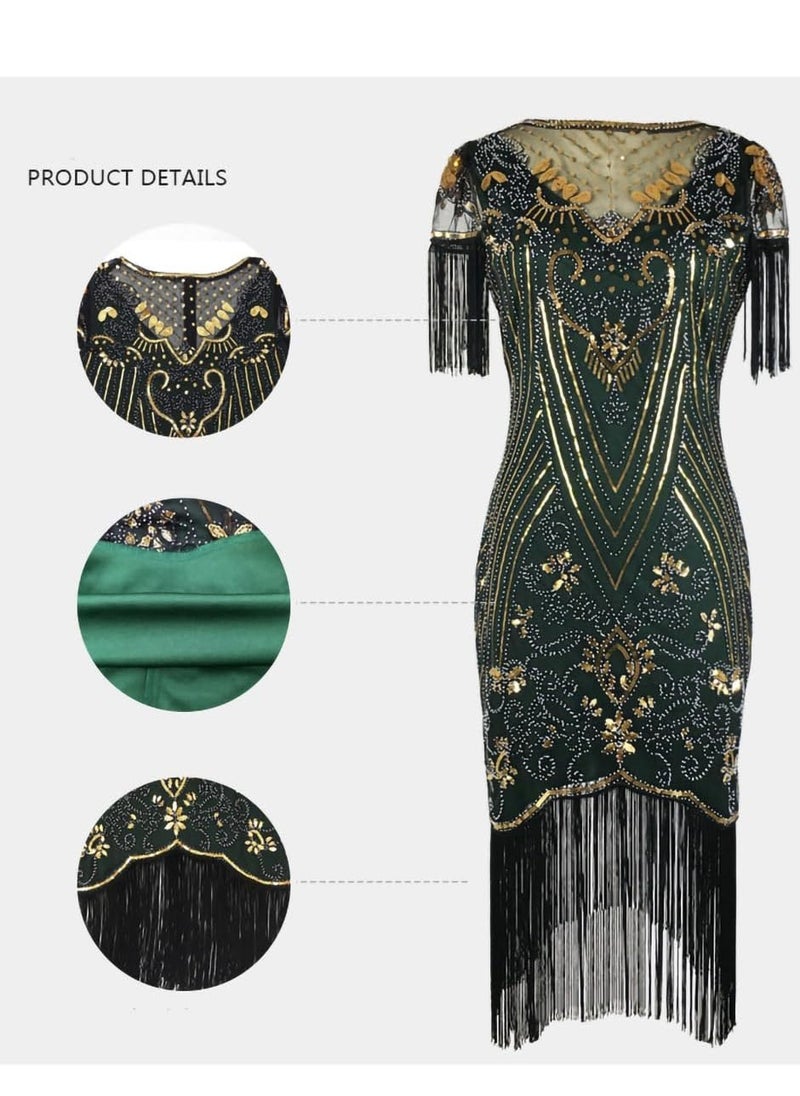 SYOSI - Women's Flapper Dresses 1920s V Neck Beaded Fringed Great Gatsby Dress, Blackgold/M - Image 1