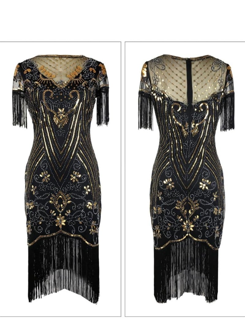 SYOSI - Women's Flapper Dresses 1920s V Neck Beaded Fringed Great Gatsby Dress, Blackgold/M - Image 1