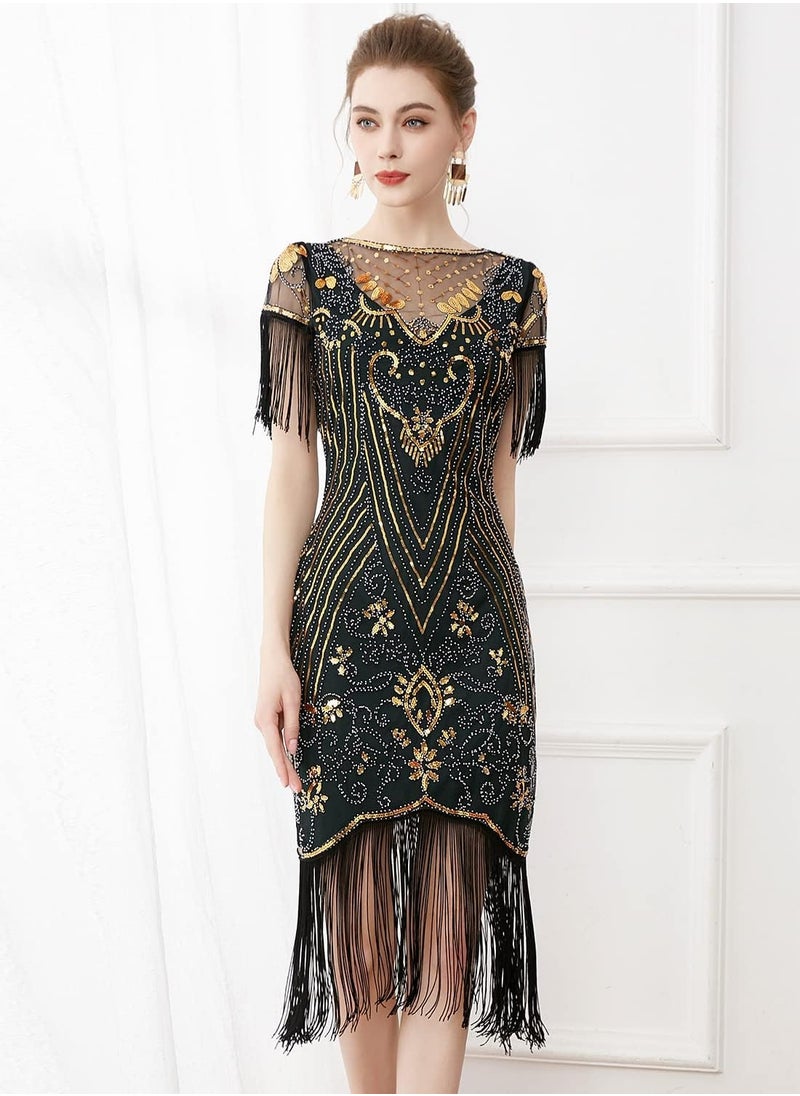 SYOSI - Women's Flapper Dresses 1920s V Neck Beaded Fringed Great Gatsby Dress, Blackgold/M - Image 1