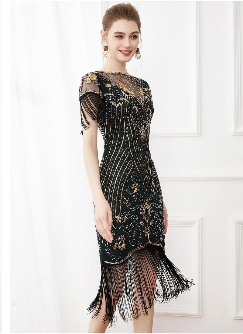 SYOSI - Women's Flapper Dresses 1920s V Neck Beaded Fringed Great Gatsby Dress, Blackgold/M - Image 1