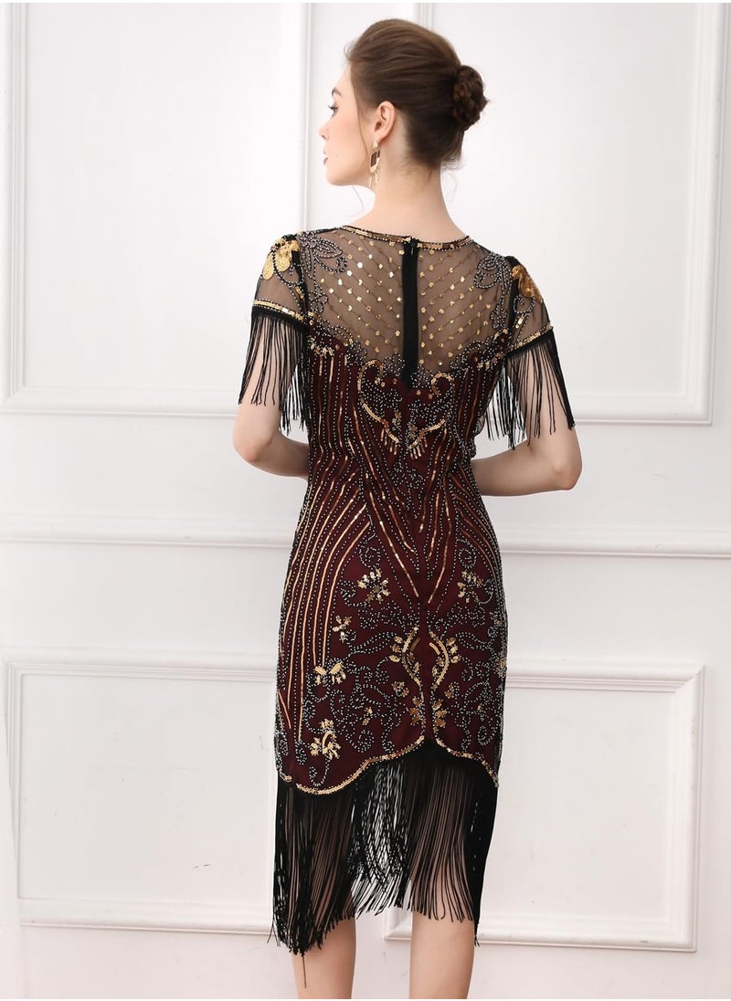 SYOSI - Women's Flapper Dresses 1920s V Neck Beaded Fringed Great Gatsby Dress, Blackgold/M - Image 1