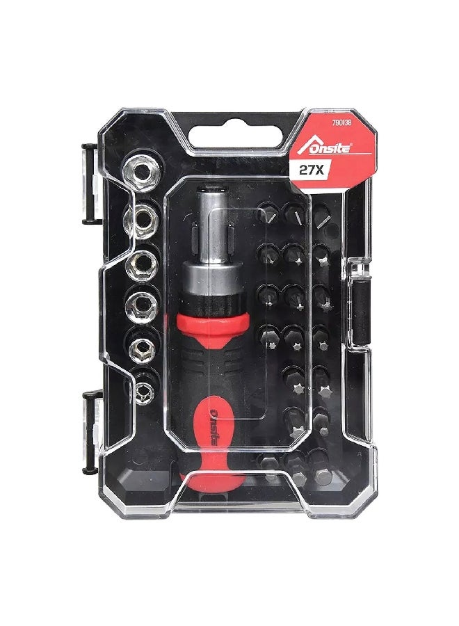 OnSite 27-Piece Sturdy and Compact Stubby Ratchet Screwdriver Set Black and Red 14.6 x 3 x 10.4 cm 790138 - Image 1