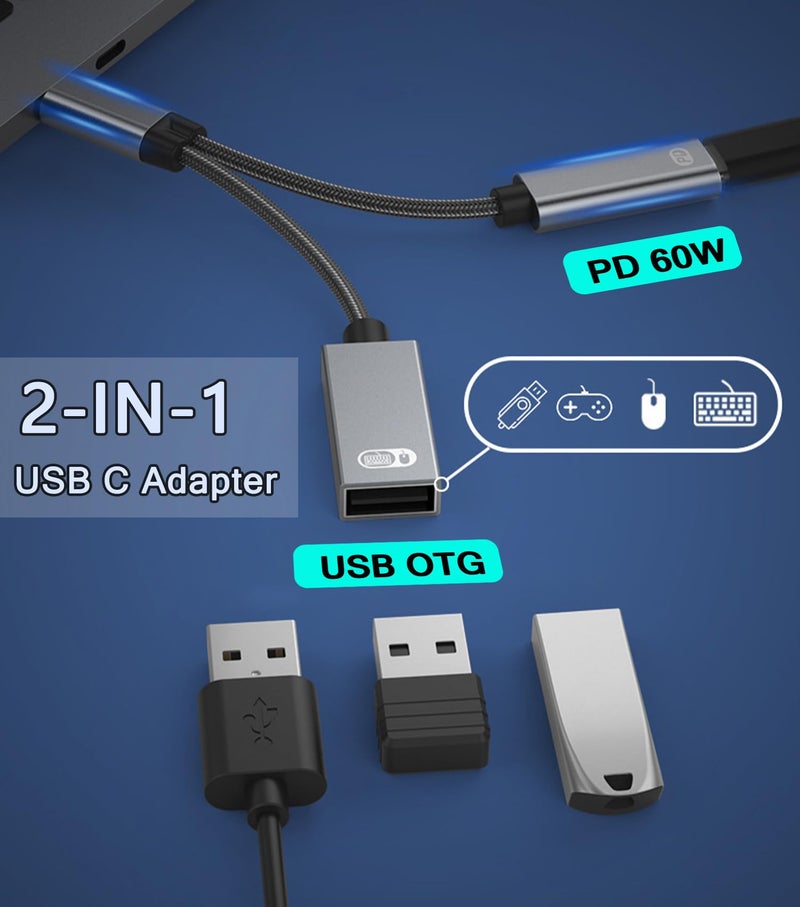 AKWOR USB C to USB OTG Adapter, 2 in 1 USB C Splitter with PD-in 60W Charging Port and USB 3.0 Female Port Compatible wit iPhone 15 Pro, MacBook Pro,Chromebook, Galaxy and More Type-C Devices - Image 3
