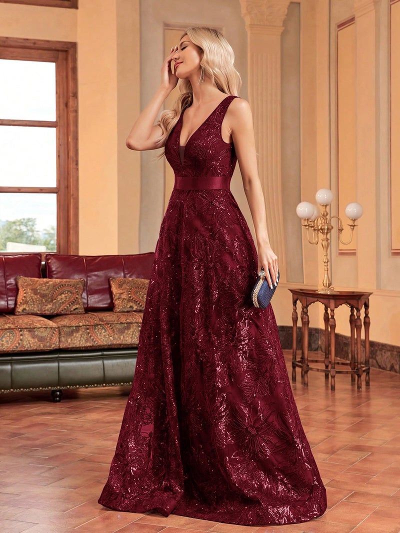 XUIBOL Sleeveless Glitter Sequined Womens Long Formal Gown Aline Prom Dress for Anchorwoman Floor Length Evening Dress Burgundy L - Image 3