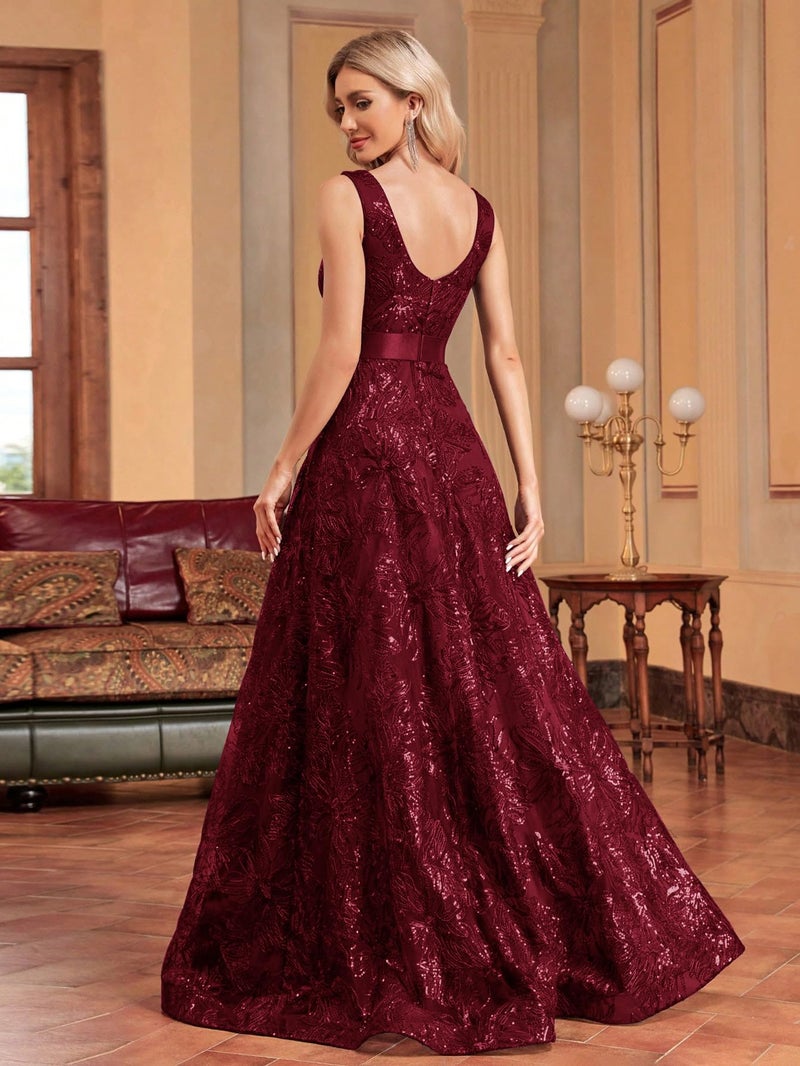 XUIBOL Sleeveless Glitter Sequined Womens Long Formal Gown Aline Prom Dress for Anchorwoman Floor Length Evening Dress Burgundy L - Image 2